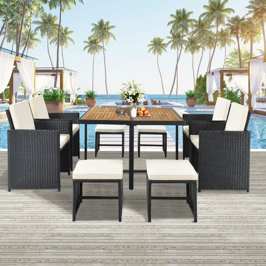 Elecwish Patio All-Weather PE Wicker Dining Table Set with Wood Tabletop for 8, Black Rattan+Beige Cushion (9-Piece)