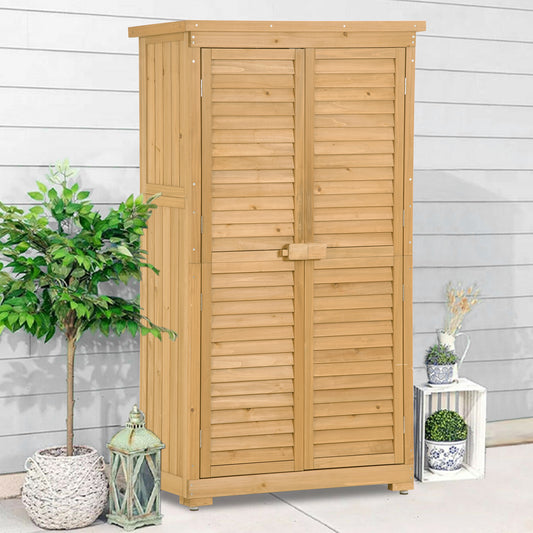 Elecwish Wooden Garden Shed 3-tier Patio Storage Cabinet Outdoor Organizer Wooden Lockers with Fir Wood (Natural Wood Color -Shutter Design)