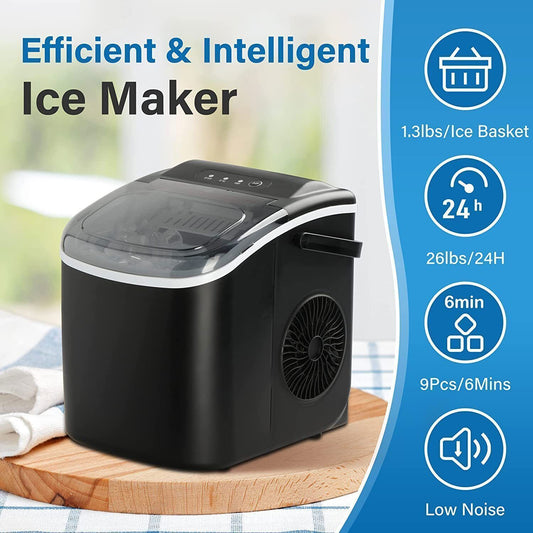 Portable Self-Clean Ice Machine with Scoop and Basket Black