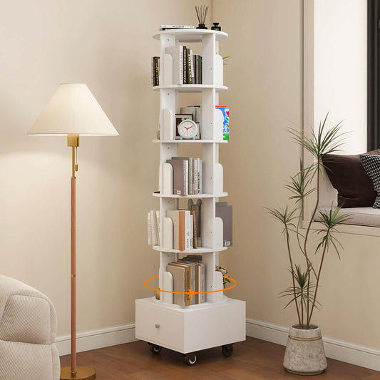 5 Tier Rotating Floor Standing Bookcase Storage Rack with Drawer and Brake Wheels IF151