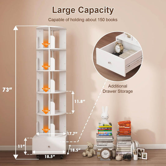 5 Tier Rotating Floor Standing Bookcase Storage Rack with Drawer and Brake Wheels IF151