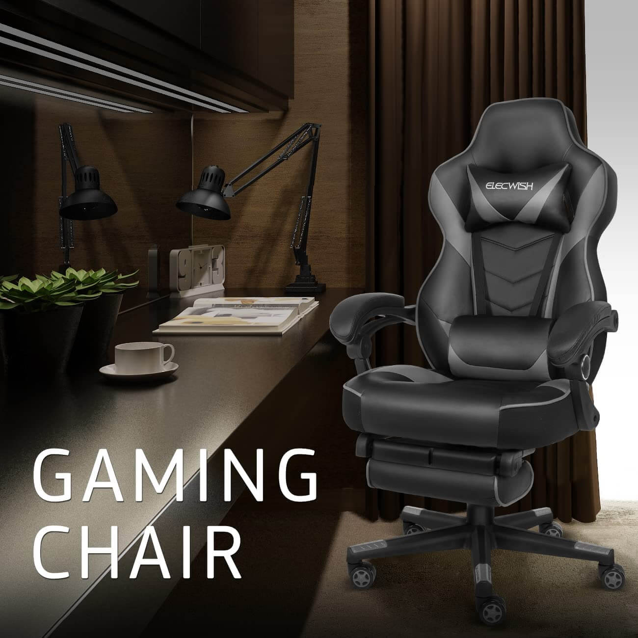 Ergonomic Gaming Chair with Massage Footrest Headrest | Elecwish.com