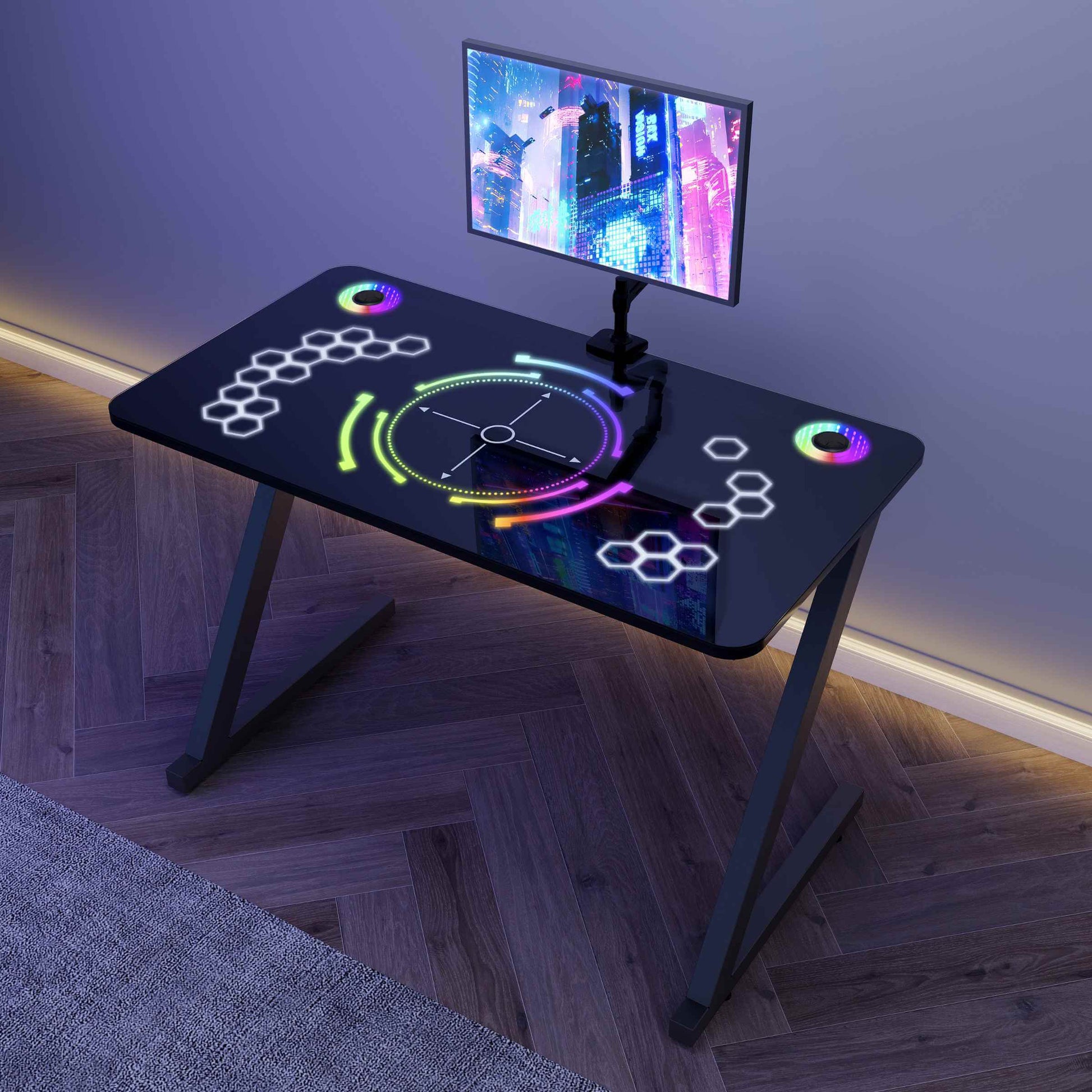 LED Gaming Desk Computer Table with Cup Holder Headphone Hook Cable Hole -  Furniture > Office Furniture