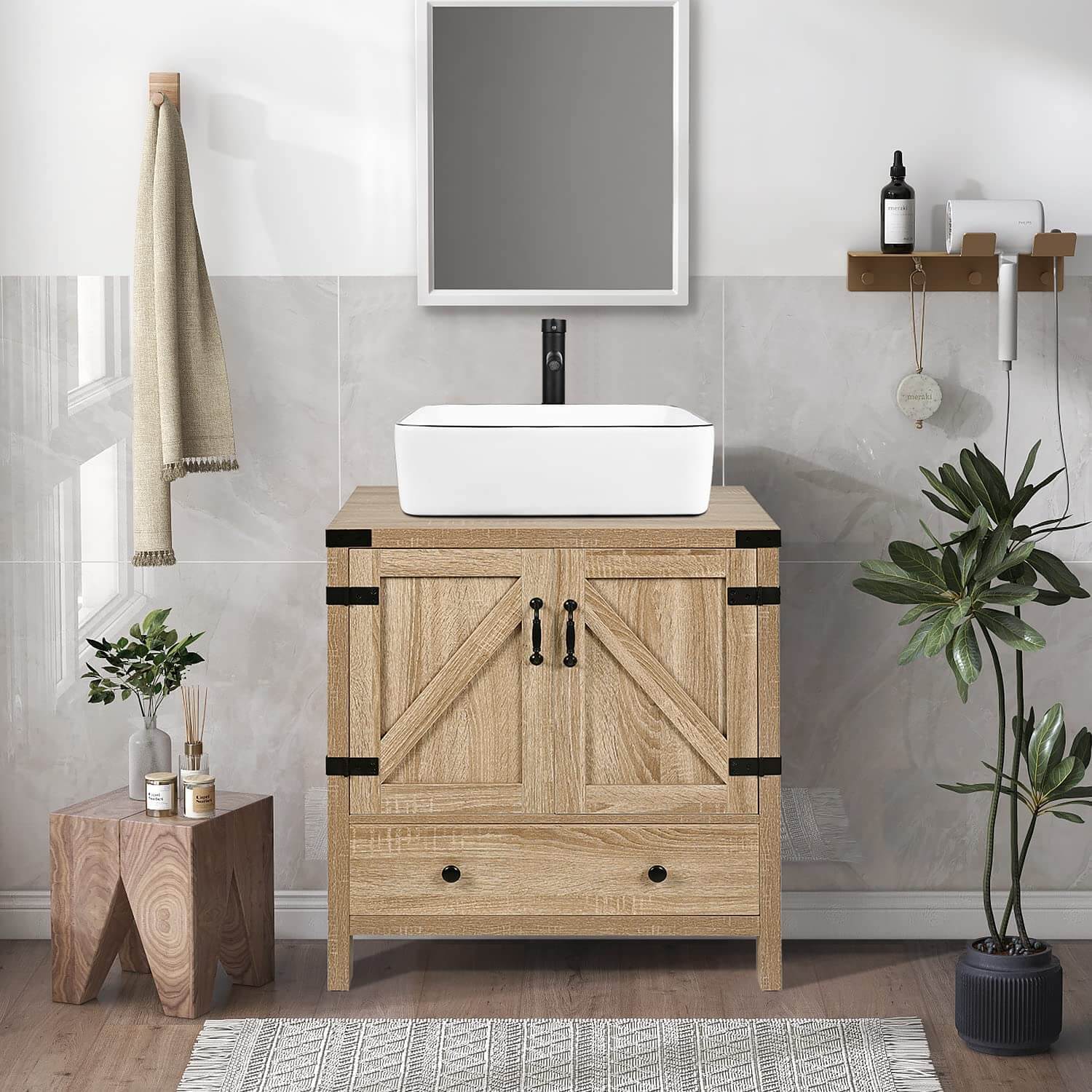 Details display of Elecwish 28" Bathroom Vanity Wood Fixture Stand Bathroom Cabinet with sink and mirror display scene