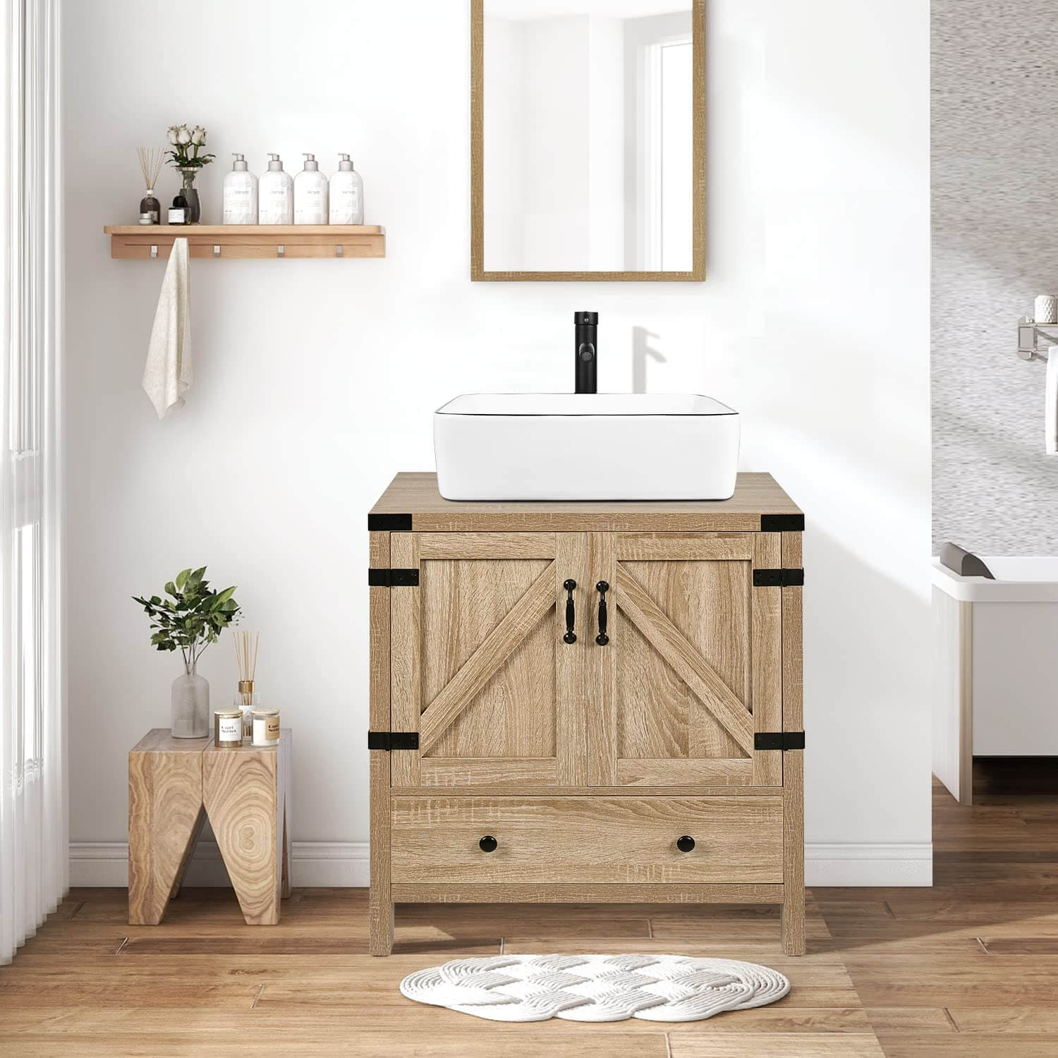 Elecwish 28" Bathroom Vanity Wood Fixture Stand Bathroom Cabinet With Sink display scene