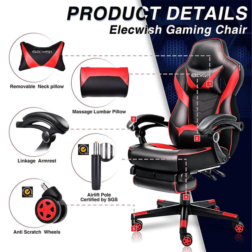 Gaming Chair with Headrest and Lumbar Support | Elecwish