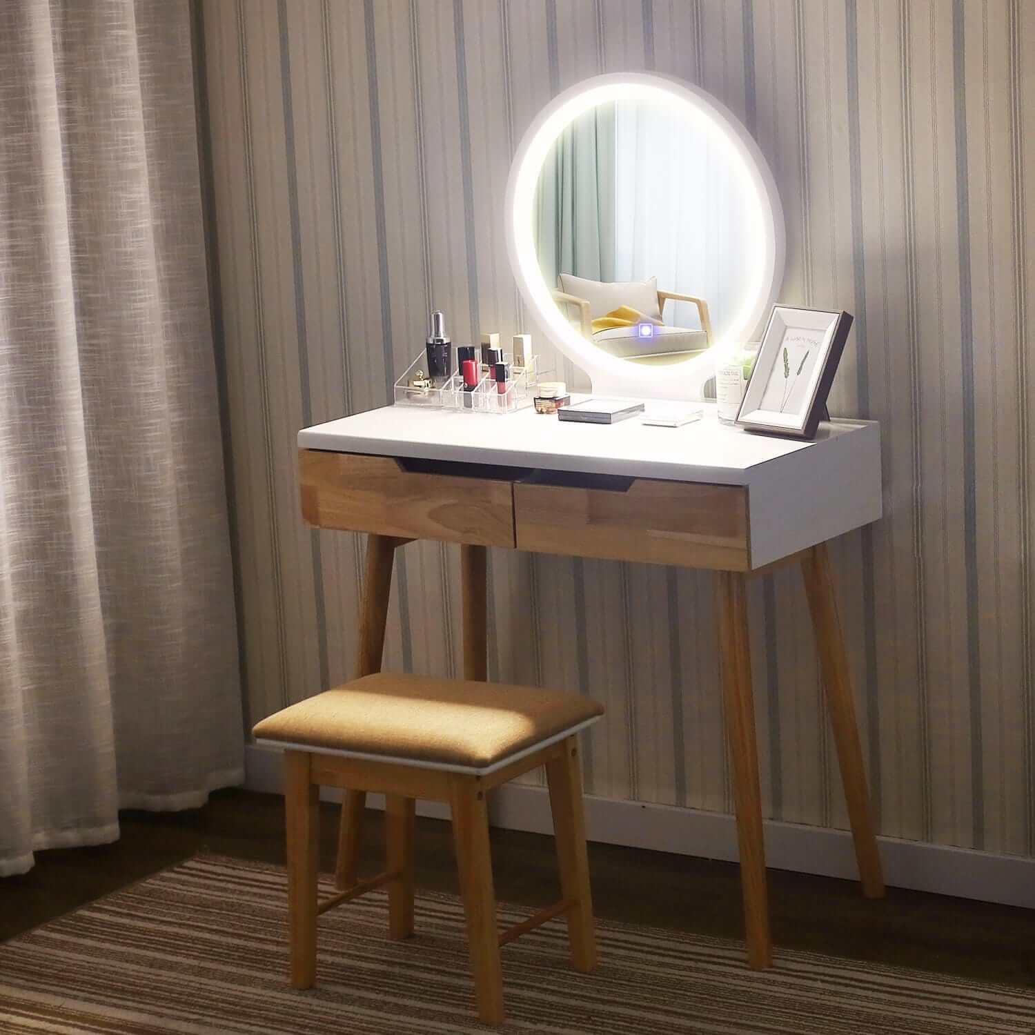 Modern Makeup Vanity With Light ,Dressing Table with Movable Tray Top, 3  Drawer, LED Lighted Mirror, For Bedroom, 43'' | Vanity, Small vanity table,  Wooden makeup vanity