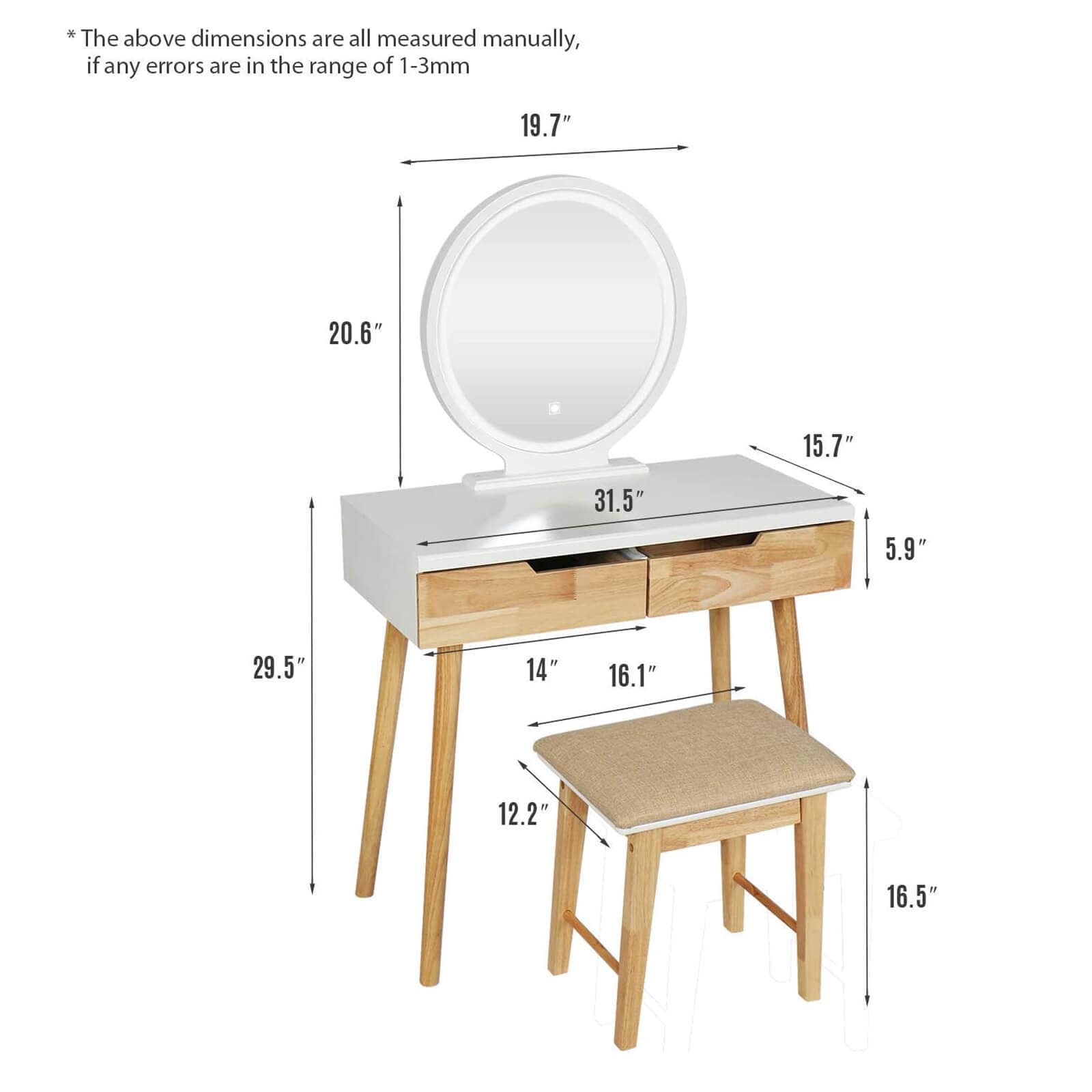 Vanity Table Set with Adjustable Lighted Mirror, Stool and 2 Drawers ...