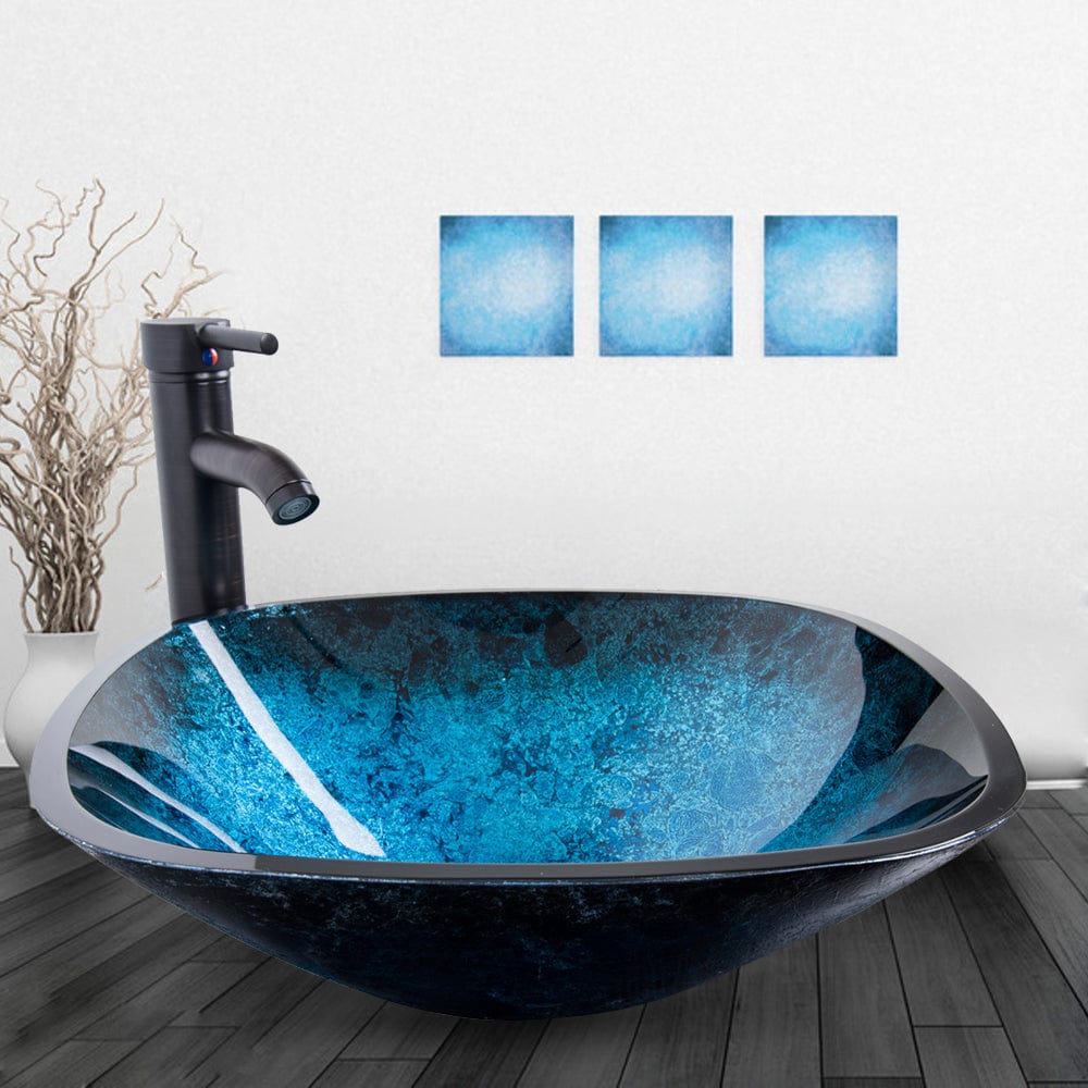 Distinctive Blue Square Glass Vessel Sink | Scratch-resistant | Elecwish.com